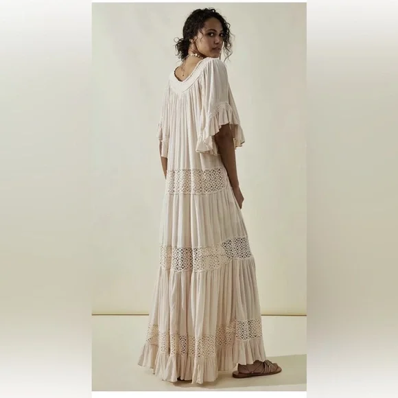 Free People Dream On Maxi Beach Dress Sand Dollar Flutter Sleeves Oversized - Picture 3 of 4